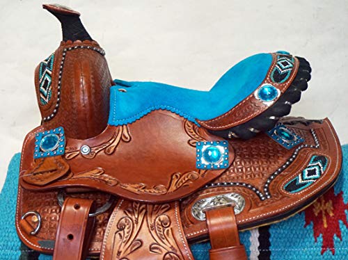Me Enterprises Youth Child Western Premium Leather Barrel Racing Pony Miniature Trail Equestrian Horse Saddle Size 8' To 12 Inches Seat. (8" Inches Seat, Turquoise) #TOP1