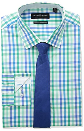 Nick Graham Men's Modern Fitted Multi Gingham Stretch Shirt with Solid tie, Green Aqua, 16-16.5