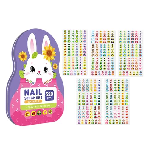 Adhesivo para decoración de uñas – Decoración para uñas | 520 piezas de lindas calcomanías para uñs de dibujos animados | Pegatinas de uñs autoadhesivas para niños, hijas y niños pequeños | Suminist