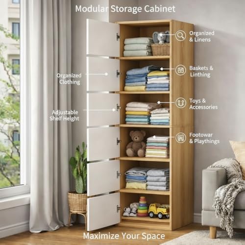 Image of EXVITO Premium Wooden Collapsible Wardrobe with 6 Doors & 6 Spacious Shelves | Modern Foldable Almirah for Clothes, Blankets & Storage - Sun Protection with Anti-Slip Handle - Maple