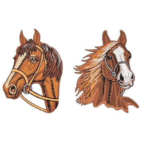 Lot de 2 écussons à repasser - Motif tête de cheval - Marron - Taille : cheval gauche = 6,0 x 8,4 cm - Cheval droit = 6,5 x 8,3 cm