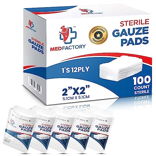 Medfactory 100-Pack Sterile Gauze Pads 2’’ X 2’’ For Wound Dressing Gauze Sponge-Pads For Wound Care & Home First Aid Kits - Individually Packed Pouches 12-Ply - 100% Cotton & Highly Absorbent #TOP30