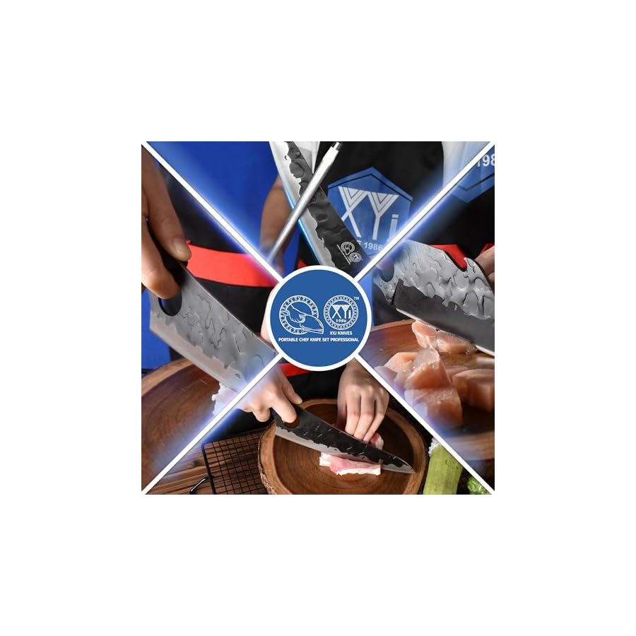 XYJ Professional Kitchen Knife Set with High-Carbon Steel Forged Blades, Chef's Knife, Cleaver, Carving Knife, Nakiri, Full Tang Design, Includes Carrying Bag & Poultry Scissors