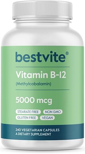 BESTVITE Vitamina B12 (metilcobalamina) 5000mcg (240 cápsulas vegetarianas) (metilo B12) - Sin estearatos - Vegano - Sin OMG - Sin gluten