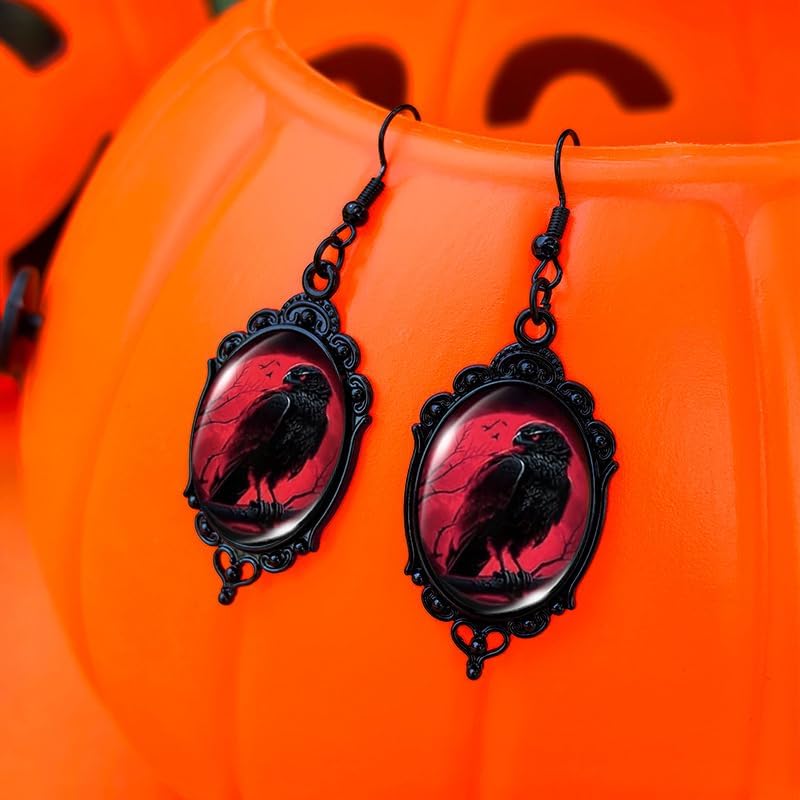 Halloween Jewelry Set for Women Gothic Cameo Necklace Earring Set Vintage Black Velvet Bat/Raven/Witch Glass Pendant Necklace Earrings Victorian Vampire Costume Accessories - Image 7