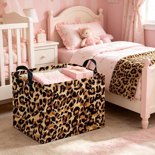 Image of Rectangular leopard print baskets,Kids Storage Bins,Collapsible Canvas Waterproof Storage Bin for Girls,Cute Organizer Box,Book baskets,baby room Decor(Leopard Print)