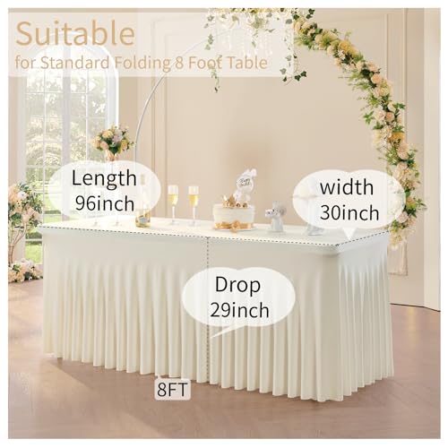 Image of Outpain 8ft Spandex Table Cloth for Standard Folding Tables-2Pack Ivory Table Cloth Table Protector for Party, Wedding, Cocktail, Banquet, Festival