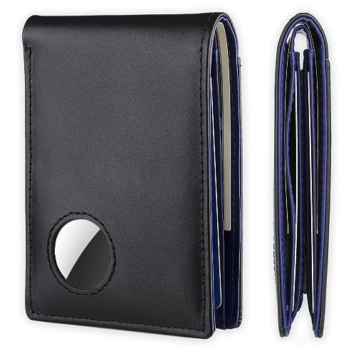 Mens Wallet with AirTag Holder, Bifold Genuine Leather Rfid Blocking AirTag Wallet with Cash Slots 9 Card Holders & ID Window, Compatible Apple Airtag Wallet Gifts for Men, Blue Inner