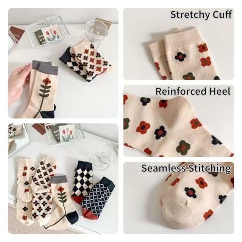 5/10 Pairs Cute Floral Socks, Cottagecore Crew socks, Smiley Face Colorful Socks for Women Girls4