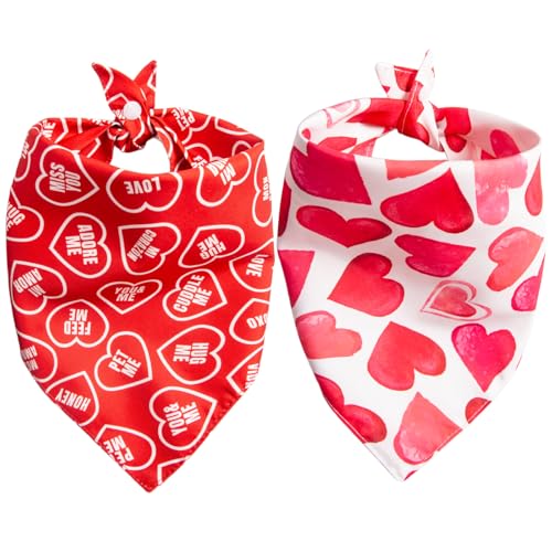 Dimidium Valentines Day Dog Bandanas 2 Pack – Double Sided Heart Patterns & Affection Phrases, Adjustable Snap Button, Romantic Costume Accessory for V-Day, Medium Large Breeds 30-75lbs