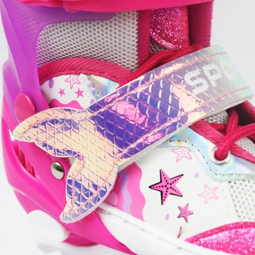 Patins Infantil 4 Rodas Sereia Ajustável Rodinha Led Kit Proteção (Rosa, M - 33 ao 36)