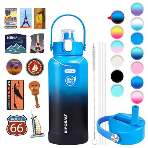 Insulated Water Bottle with Lid & Boot & Stickers, 32 oz Stainless Steel Sweat Free Bottle Keep Cold 24H, BPA-Free Sports Wide Mouth Water Bottle, BlueBlack