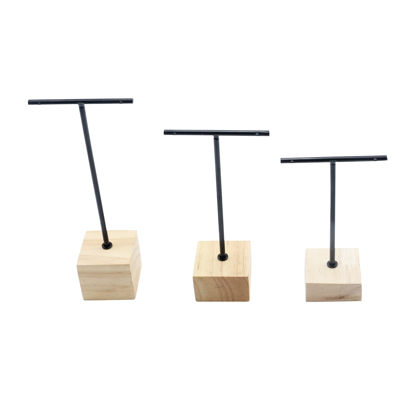 Savagrow 3pcs Black Metal T-Bar Wood Jewlery Display Stand with Square Wooden Base Earring Jewelry Hanging Holder
