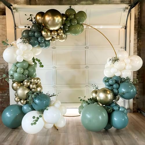 Image of Dusty Sage Green Blue Gold Balloon Garland Kit, 107 PCS Pastel Olive Green Slate Blue Beige Metallic Gold Balloon Arch Kit for Women Men Boho Birthday Wedding Baby Bridal Shower Party Decorations