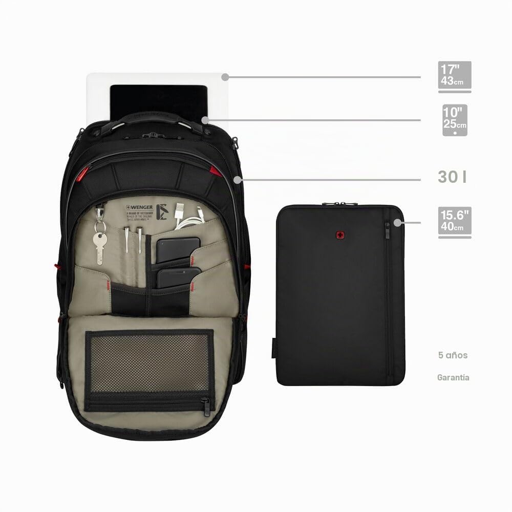 Wenger Carbon Pro Mochila para portátil con compartimento para tableta, portátil de hasta 17 ", compartimento para tableta, 33 l, mujer hombre, oficina viajes negocios universidad, negro, 653129