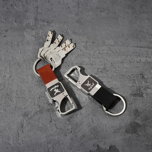 Image of Heavy Duty Metal Carabiner Keychain with Leather Strap for Men & Women | Premium Belt Clip Key Holder | Secure Spring Lock Key Ring for Car, Bike & Office Keys