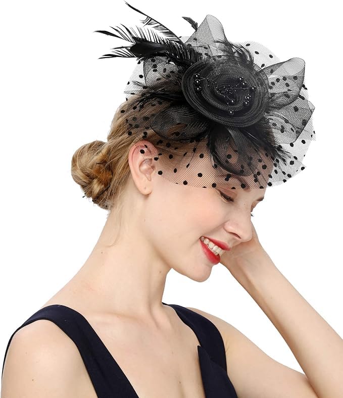 Black Fascinator Hats for Women Flower Mesh Ribbons Feathers with Pearl Headband Cocktail, Tea Party Headwear Vintage Ladies Hair Clip and Band Fascinators-image-48