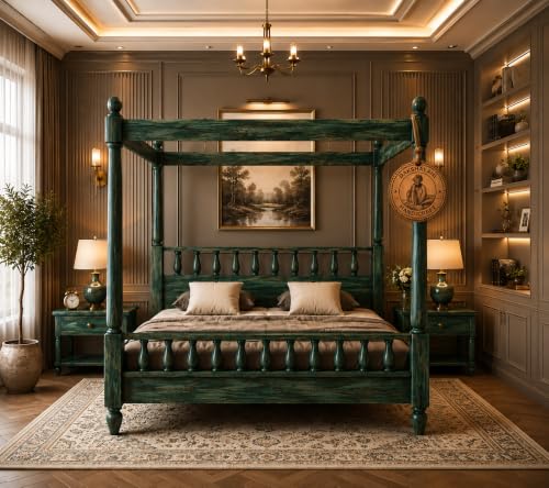 Image of Sheesham Solid Wood Allure Poster Bed for Bedroom | Handmade Wooden Cot | Elegant Four Poster King Size Bed Frame (Rustic Green, Queen, Allure)