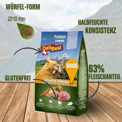 DeliBest Adult Sensitive Complete Cat Hähnchen I Trockenfutter für Katzen I aus 100% Schweizer Hähnchenfleisch I Glutenfrei, & ohne Zusätze I Katzenfutter kaltgepresst I 600 g