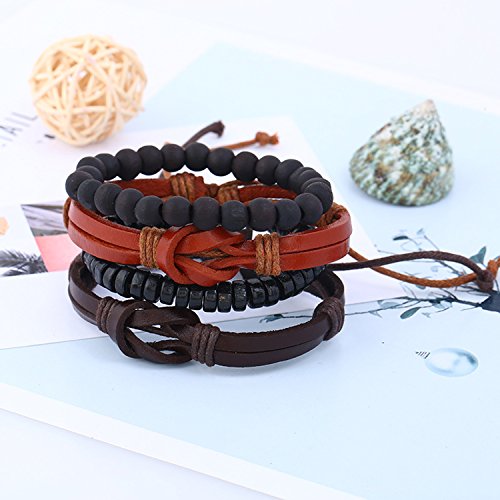 Image of Young & Forever Multi-Layer Leather Bracelet for Men | Adjustable Handmade Wrap Bracelet with Beads, Anchor, Evil Eye, Feather & Boho Charms | Vintage Punk Casual Wristband Gift for Men & Boys