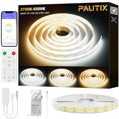 PAUTIX COB LED Strip 2700K-6500K CCT White Tunable 5M 24V Dimmable LED Strip Lights with RF Remote/APP Control 3200LEDs CRI90+ LED Light for Mirror,Kitchen,Acoustic Wall Panels,Home Decoration