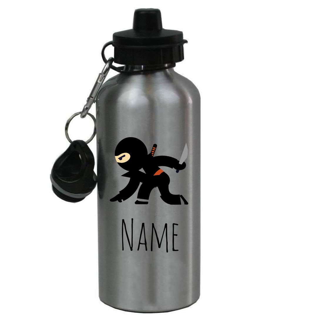 Personalized Custom Ninja Aluminum 20 Ounce Kids Summer Sport Water Bottle, 2 Lids (Silver)