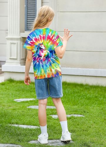 Image of SunFoucs Girls Kids Shirts Size 5-12 Tie Dye Casual Tshirt Short Sleeve Crewneck Tee Top | Short Sleeve Rainbow Tee Top