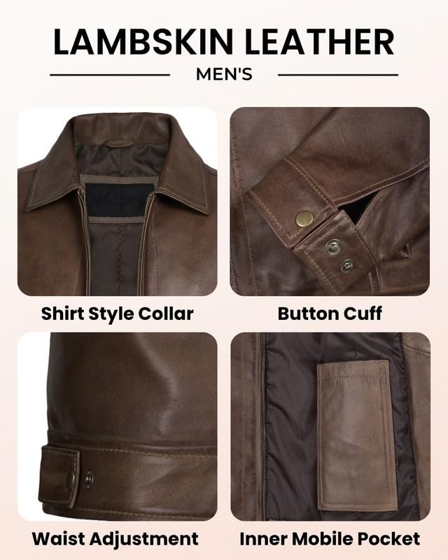 Image of Blingsoul Vintage Distressed Leather Jacket for Men - Shirt Collar Genuine Lambskin Mens Leather Jacket