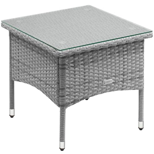 CASARIA® Square Poly Rattan Garden Coffee Side Table | Weatherproof With Glass Top | 50x50x45cm | Height Adjustable Feet | Indoor Outdoor Patio Terrace Balcony Conservatory Furniture | Grey