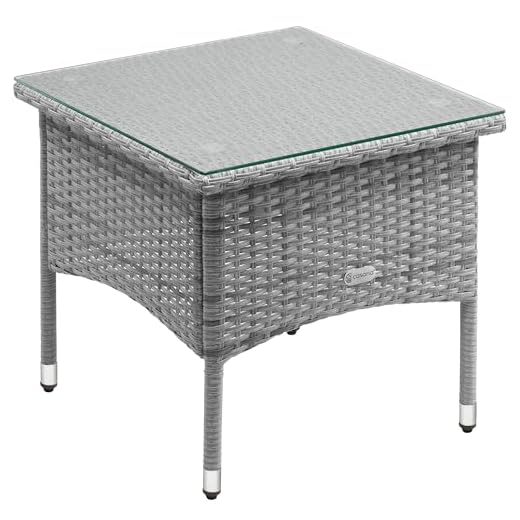 CASARIA® Square Poly Rattan Garden Coffee Side Table | Weatherproof With Glass Top | 50x50x45cm | Height Adjustable Feet | Indoor Outdoor Patio Terrace Balcony Conservatory Furniture | Grey