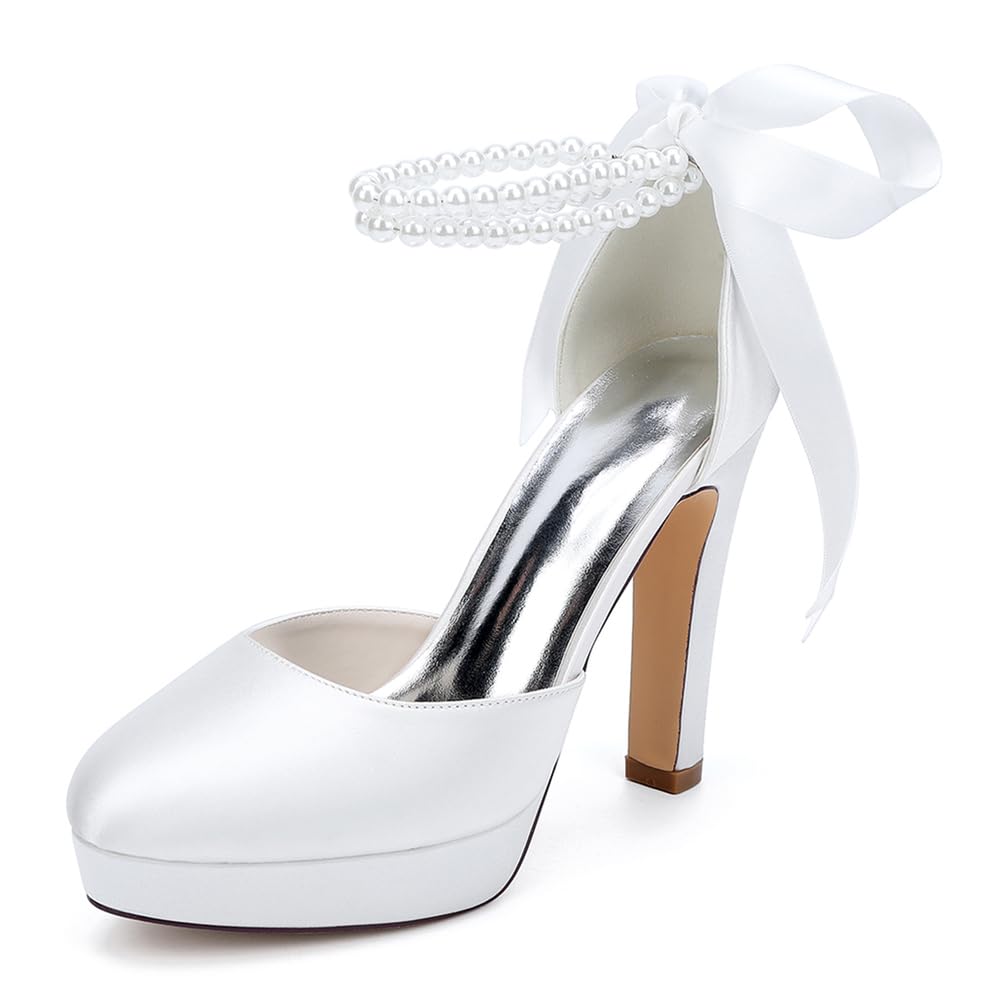 Mujer Zapatos De Plataforma De Boda para Novia Punta Cerrada Perlas Y Correa En El Tobillo Zapatos De Salón para Vestido De Fiesta