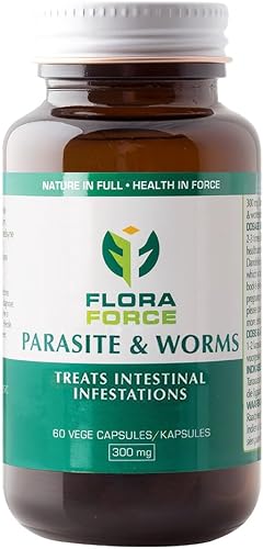 FLORA FORCE Parasite & Worms Capsules – Herbal Support for Intestinal Health – Relieves Discomfort, Bloating & Cramping – 60 Vegecaps