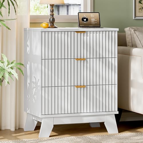 Image of Xixini Fluted Nightstand with Charging Station, Tall Bedside Table, White