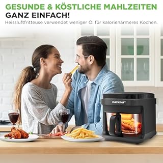 NutriChef Heißluftfritteuse 5,5 L Schwarz – Elektrische 8-in-1 Airfryer mit Glasbehälter & LED-Touchdisplay Ölfreies Frittieren – 360° Heißluftzirkulation – Für Pommes, Hähnchen, Gemüse & mehr