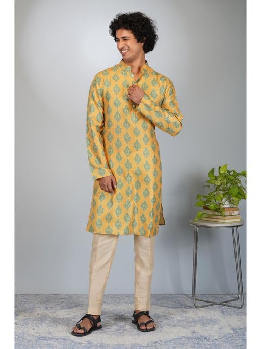 Image of LookMark Men's Cotton Blend Printed Long Kurta Suitable for All Indian Wedding, Occasions, and Festivals