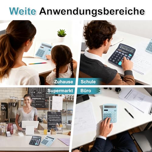 Taschenrechner 2er-Pack mit 12-stelligem LCD-Display, Dual-Power (Solar & Batterie), Große Tasten, Tischrechner für Büro, Zuhause und Schule – Empfindliche Tasten, Schwarz & Himmelblau