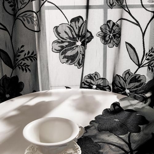 Image of Treatmentex Black Sheer Lace Curtains for Bedroom Living Room Studio 84inch Long Vintage Rose Floral Embroidered Semi Sheer Curtain Panels Privacy Leaf Sheer Drapes with Scalloped Edge 54 inch w 2pcs 7ft