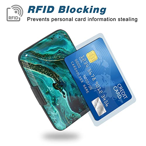Image of Credit Card Holder, Mini Aluminum Card Wallet RFID Blocking Slim Metal Hard Card Case for Women Men, Ocean Marble