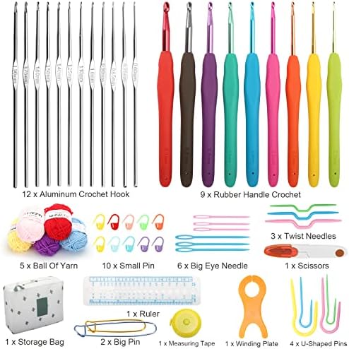 EEEKit Crochet Hooks Set, 66pcs Crochet Kits Knitting Needles Sets,Ergonomic Crochet Starter Accessories Kit Includes Metal Crochet Hooks 0.6mm to 6mm with Carry Bag for Beginners Knitt Gifts