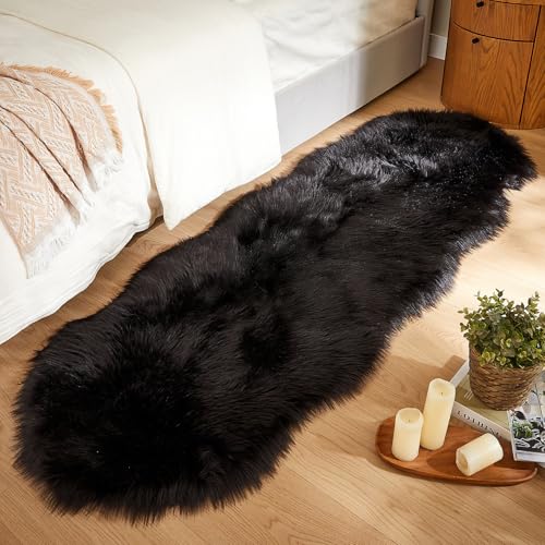 AMTOVO Faux Sheepskin Rug, Black Ultra Soft Fluffy Shag Area