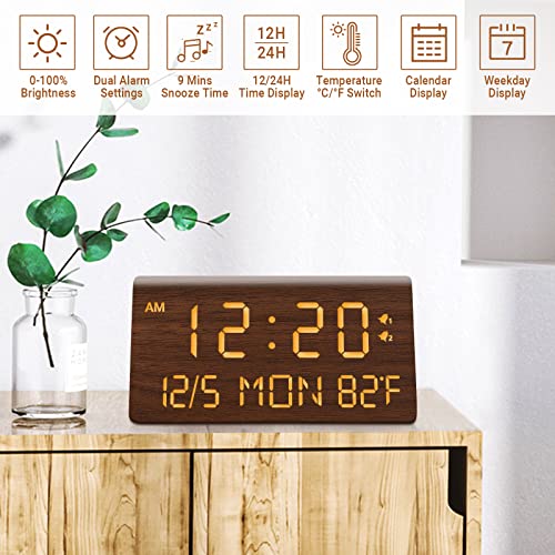 Fomobest Wooden Digital Alarm Clock, 0-100% Dimmer, Dual Alarm Settings, Weekday /Everyday Mode, 9 Mins Snooze, 12/24H, Temperature And Date Display, Modern Clock For Kids Bedroom Living Room #TOP5