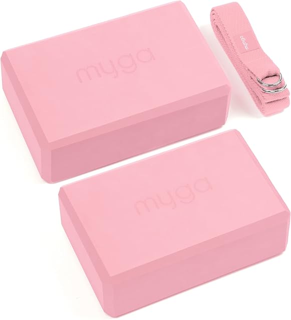 Myga Yoga Blocks & Strap Set - 2 High Density Foam Bricks and Metal D Ring Belt for Yoga, Pilates and Fitness - Support and Deepen Poses, Non-Slip and Lightweight for Home & Gym - Choice of Colour