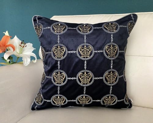 Image of TARA- Sparkling Homes 18 x 18 Inches Zari Embroidered Velvet Cushion Covers, 'Cleopatra' from 'The Royal Collection', Set of 1 (Midnight Blue, 18 x 18 Inches)