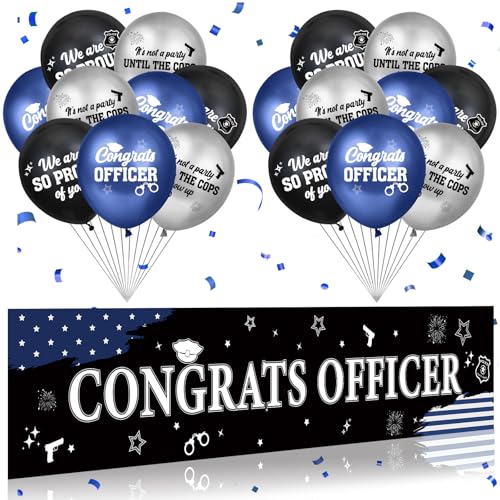 Police Party Decorations Congrats Officer Yard Banner with 18Pcs Balloons Thin Blue Line American Flag Police Party Decor for Police Birthday Academy Graduation Retirement Party Supplies