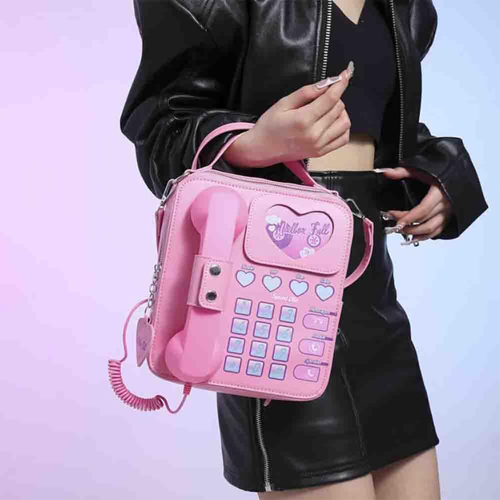 レディースノベルティ電話クロスボディバッグ、漫画キーパッドハンドル携帯電話財布、PUレザーレトロ楽しいマイクショルダーハンドバッグ
