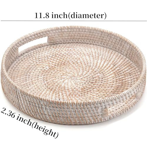 30cm Round Hand-Woven Rattan Tray: Serving Tray with Handles, Wicker Basket, Decorative Home Tray in Whitewash Finish - Image 2