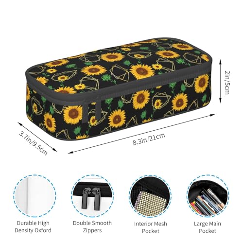 Image of Golden Sunflower Art Pencil Case Big Capacity Storage Pencil Pouch Stationery Bags With Zipper Portable Pen Holder Box Organizer For Boys Student College School Office Supplies