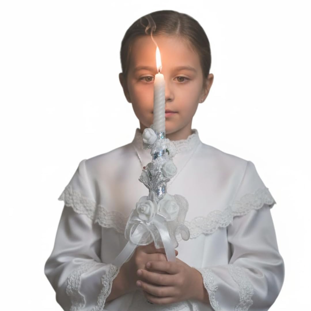 Devino Ora First Holy Communion and Confirmation Scented Candle for Christian Rituals Non-Toxic Non-Smoke Natural Wax Long Lasting Burn time 12 Inch Height and 1-inch Width (White Rose)-image-34
