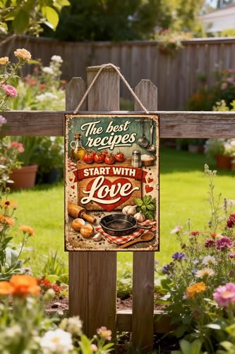 The Best Recipes Start With Love Vintage Tin Sign Rustic Kitchen Wall Decor Metal Plaque Farmhouse Cooking Art Food Illustration Cafe Pantry Dining Room 8x12 Inch Pre Drilled Holes - Image 4