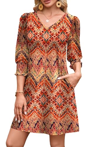 WIHOLL Summer Dresses for Women 2025 V Neck 3/4 Sleeve Spring Dresses Casual Womens Beach Vacation Fashion Boho Tops Sundresses Mini Sun Dress Vestidos De Verano para Mujer 2025 Resort Wear L
